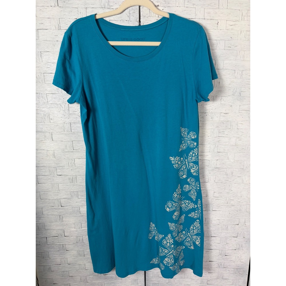 Life is Good Womens Dress T-Shirt Teal Blue Butterfly Floral Cotton Casual